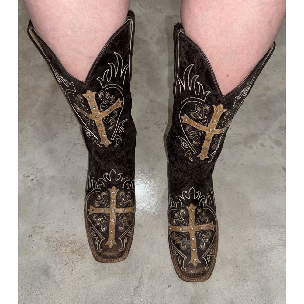 Cavenders Western Boots Brown Leather Cross Stitching Studded Cowgirl Sz 8.5 B